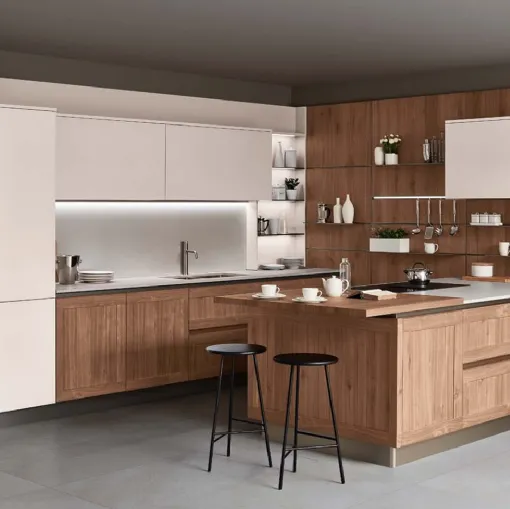 Cucina Moderna con penisola Armonia 02 in Noce nodoso a doghe e laccato opaco di Veneta Cucine