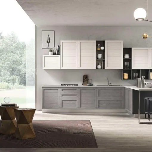 Cucina Moderna in legno con penisola Elsa 03 finitura Grigio Fumo e Bianco di Net Cucine