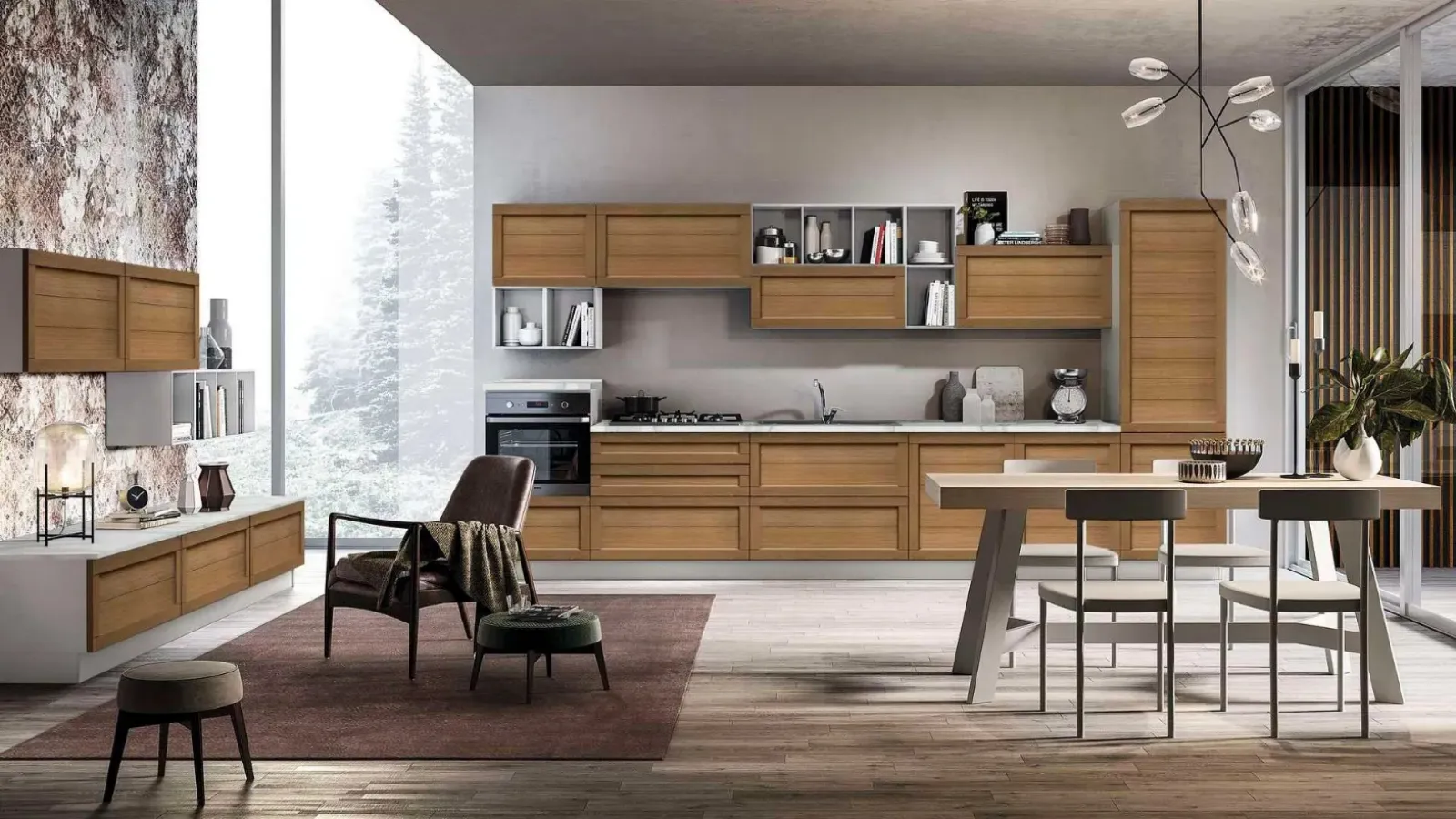 Cucina Moderna lineare in legno Elsa 02 finitura Rovere Miele di Net Cucine