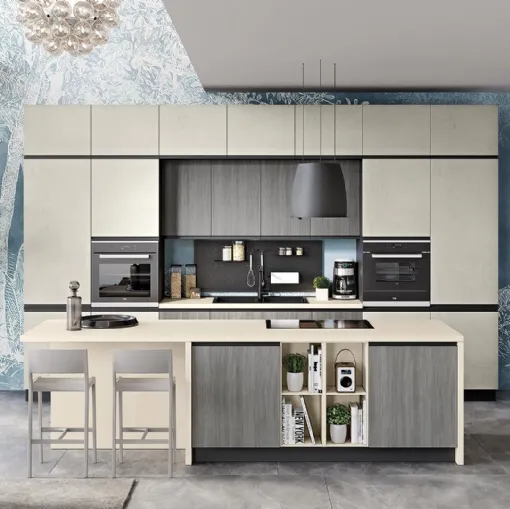 Cucina Moderna Era 05 Urban Avorio e Legno Grigio di Net Cucine