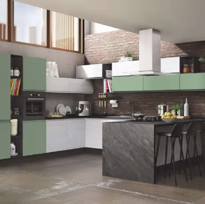 Cucina Moderna Kelly 04 Frassino Bianco e Verde Salvia Opaco di Net Cucine