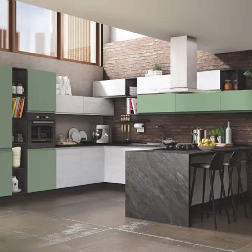 Cucina Moderna Kelly 04 Frassino Bianco e Verde Salvia Opaco di Net Cucine