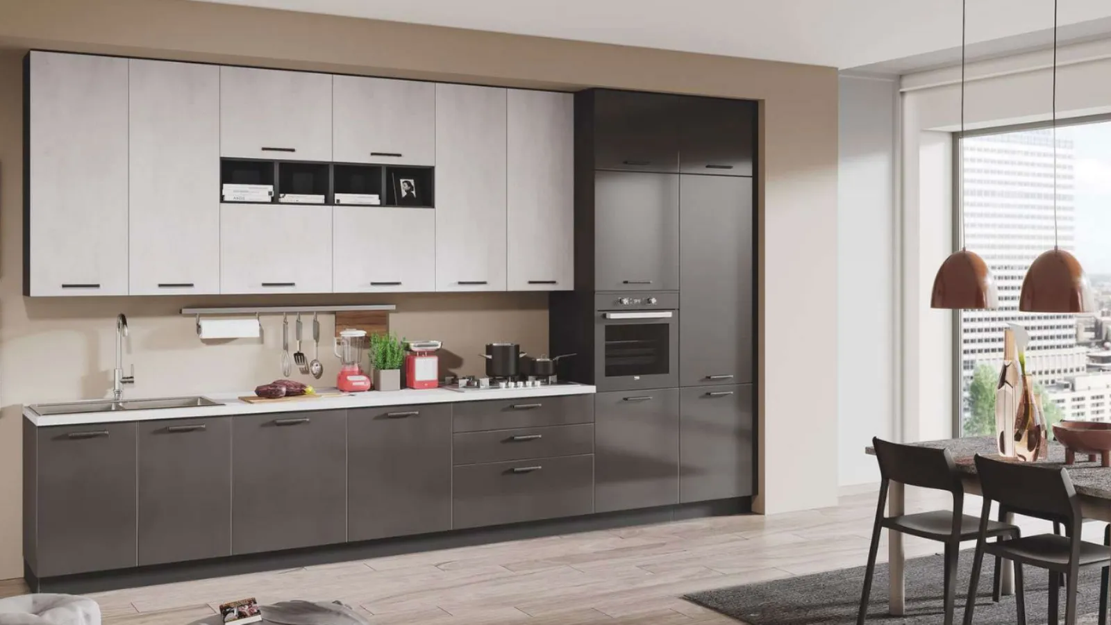 Cucina Moderna Kira 04 Antracite Lucido e Cemento Bianco di Net Cucine