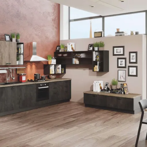 Cucina Moderna Kira 06 Cemento Ardesia e Legno Naturale di Net Cucine