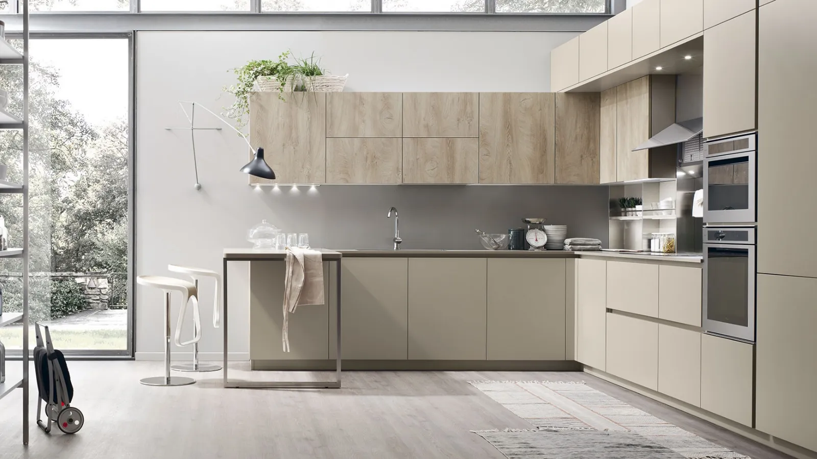 Cucina Moderna Lounge 10 angolare con penisola in laccato Beige Ecru e Rovere Coloniale di Veneta Cucine