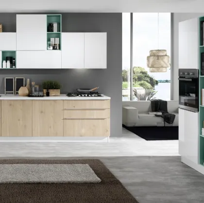 Cucina Moderna Mia 01 in melaminico Rovere Naturale e polimerico Bianco Lucido di Net Cucine