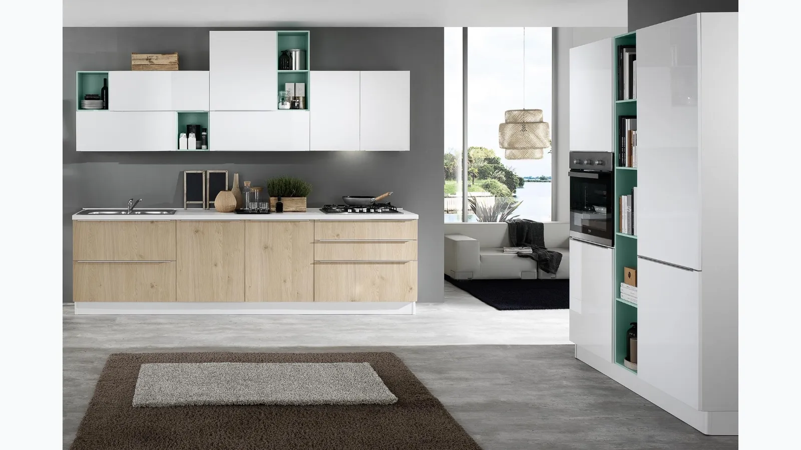 Cucina Moderna Mia 01 in melaminico Rovere Naturale e polimerico Bianco Lucido di Net Cucine