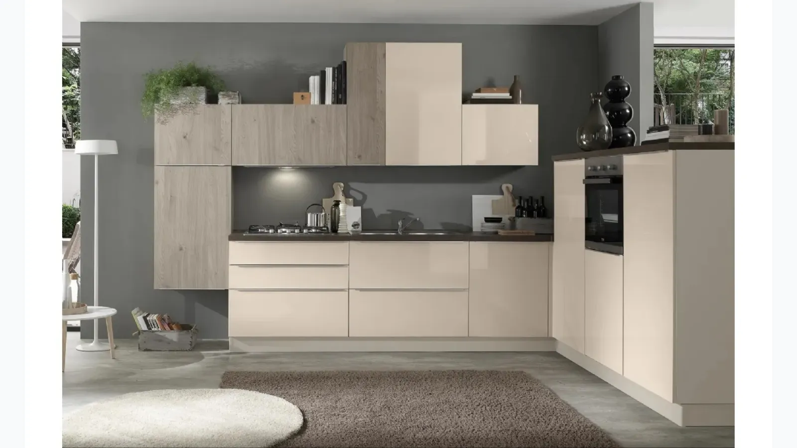 Cucina Mia 05 Sabbia Lucido e Rovere Grigio di Net Cucine