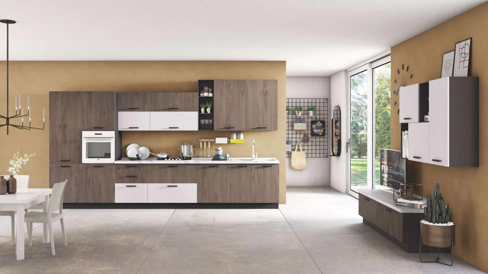 Cucina Moderna New Smart 07 Noce Bosco e Cemento Bianco di Net Cucine