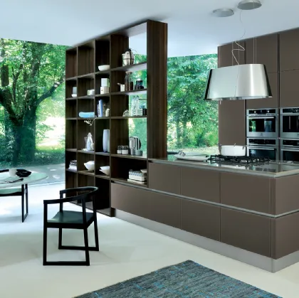 Cucina Moderna Ri-flex 07 con isola in vetro laccato opaco Marrone Oliva di Veneta Cucine