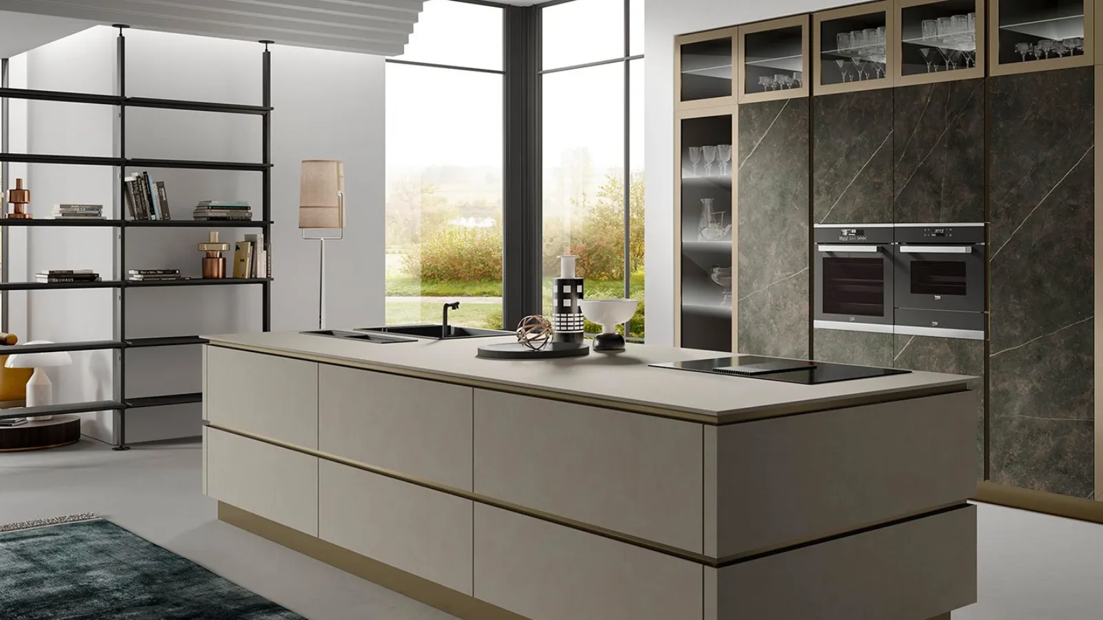 Cucina Moderna Stratos in Gres Calcite Nera e Gres Light Grey di Mobilturi