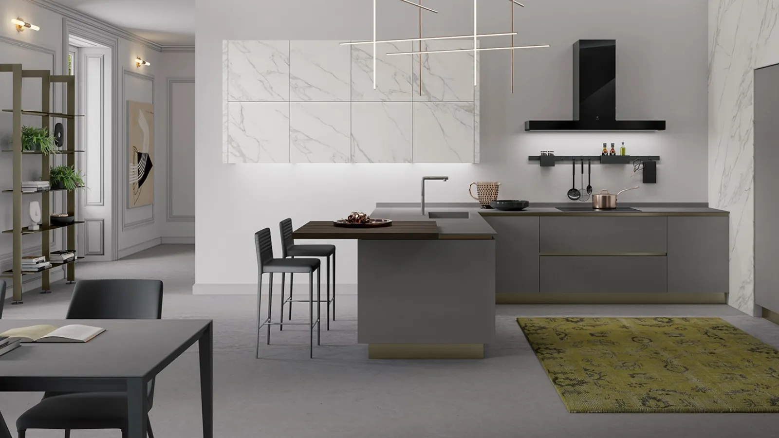 Cucina Moderna con penisola Stratos in Gres White Marble e Gres Grey di Mobilturi